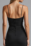 Spaghetti Straps Black Strecth Satin Mermaid Ruched Evening Dress