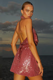 Simple Hot Pink Halter Sequins Short Cocktail Dress