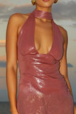 Simple Hot Pink Halter Sequins Short Cocktail Dress