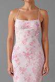 Light Pink Spaghetti Straps Sheath Printed Evening Dress With Slit