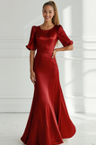 Champagne Mermaid Satin Long Formal Dress with Short Sleeves