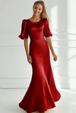 Champagne Mermaid Satin Long Formal Dress with Short Sleeves