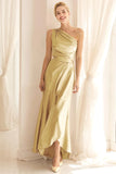 Blue Satin One Shoulder Ruched Long Bridesmaid Dress