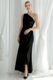 Blue Satin One Shoulder Ruched Long Bridesmaid Dress