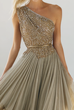 Sparkly Navy One Shoulder Sequins A Line Long Wedding Guest Dress with Ruffles