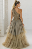 Sparkly Navy One Shoulder Sequins A Line Long Wedding Guest Dress with Ruffles