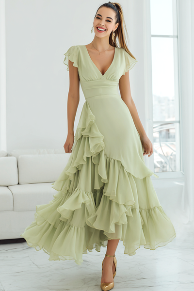 Zapaka Women Light Green Ruffled Long Bridesmaid Dress with Sleeves Chiffon A Line V-Neck Wedding Guest Dress, Light Green / US4 Zapaka Women Light Green Ruffled Long Bridesmaid Dress with Sleeves Chiffon A Line V-Neck Wedding Guest Dress, Light Green / US4