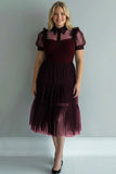 Black A Line Short Sleeves Tulle Plus Size Semi Formal Dress