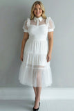 Black A Line Short Sleeves Tulle Plus Size Semi Formal Dress