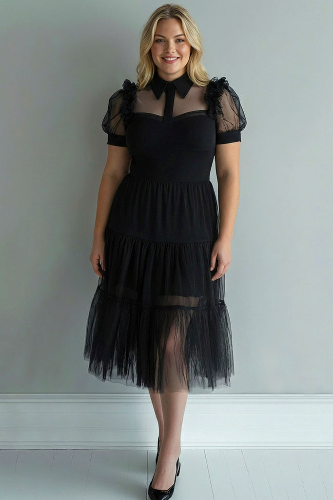 ZAPAKA Women Black Plus Size Semi Formal Dress A Line Short Sleeves