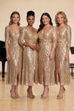Sparkly Champagne Sheath Sequins V-Neck Long Choir Dress with Slit