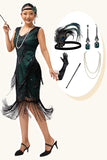 Black Green Sequin Fringe V Neck 1920s Dress with 5-Piece Accessories Set