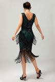 Black Green Sequin Fringe V Neck 1920s Dress with 5-Piece Accessories Set