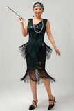 Black Green Sequin Fringe V Neck 1920s Dress with 5-Piece Accessories Set