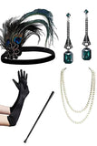 Black Green Sequin Fringe V Neck 1920s Dress with 5-Piece Accessories Set