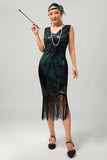 Black Green Sequin Fringe V Neck 1920s Dress with 5-Piece Accessories Set