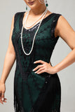 Black Green Sequin Fringe V Neck 1920s Dress with 5-Piece Accessories Set