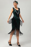 Black Green Sequin Fringe V Neck 1920s Dress with 5-Piece Accessories Set