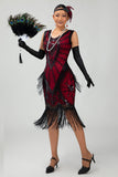 Fringed Black Red Sequin 1920s Dress with 5-Piece Accessory Set