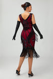 Fringed Black Red Sequin 1920s Dress with 5-Piece Accessory Set