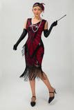 Fringed Black Red Sequin 1920s Dress with 5-Piece Accessory Set