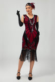 Fringed Black Red Sequin 1920s Dress with 5-Piece Accessory Set