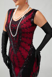 Fringed Black Red Sequin 1920s Dress with 5-Piece Accessory Set