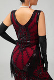 Fringed Black Red Sequin 1920s Dress with 5-Piece Accessory Set