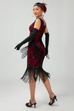 Fringed Black Red Sequin 1920s Dress with 5-Piece Accessory Set