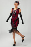 Fringed Black Red Sequin 1920s Dress with 5-Piece Accessory Set