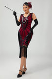 Fringed Black Red Sequin 1920s Dress with 5-Piece Accessory Set