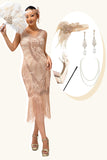 Champagne Fringed Sequins 1920s Dress with 5-Piece Accessory Set