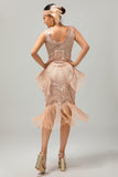 Champagne Fringed Sequins 1920s Dress with 5-Piece Accessory Set