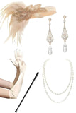 Champagne Fringed Sequins 1920s Dress with 5-Piece Accessory Set