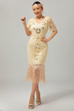 Apricot Fringed Sequin 1920s Flapper Dress with Short Sleeves