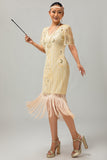 Apricot Fringed Sequin 1920s Flapper Dress with Short Sleeves