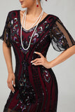 Flapper Burgundy Sequin Bodycon Fringed 1920s Dress