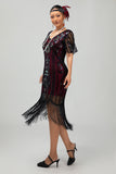 Flapper Burgundy Sequin Bodycon Fringed 1920s Dress