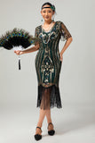 Apricot Fringed Sequin 1920s Flapper Dress with Short Sleeves