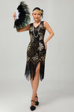 Red Golden Sequin 1920s V Neck Bodycon Flapper Dress with Tassles