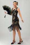 Red Golden Sequin 1920s V Neck Bodycon Flapper Dress with Tassles