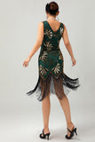 Green Golden Sequin V Neck Bodycon 1920s Flapper Dress with Tassles