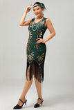 Green Golden Beaded Fringe 1920s Dress with 4-Piece Accessories Set