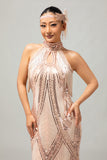 Champagne Sequin Halter Fringe 1920s Dress with 5-Piece Accessories Set