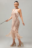 Champagne Halter Sequin Keyhole Fringed 1920s Dress