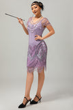 Purple Sequin Fringe 1920s Dress with 5-Piece Accessories Set
