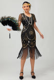 Gatsby Black Silver Scoop Fringed Bodycon 1920s Dress with Sequins