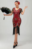 Gatsby Black Red Scoop Fringed Bodycon1920s Dress with Sequins