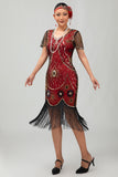 Gatsby Black Silver Scoop Fringed Bodycon 1920s Dress with Sequins