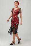 Gatsby Black Silver Scoop Fringed Bodycon 1920s Dress with Sequins